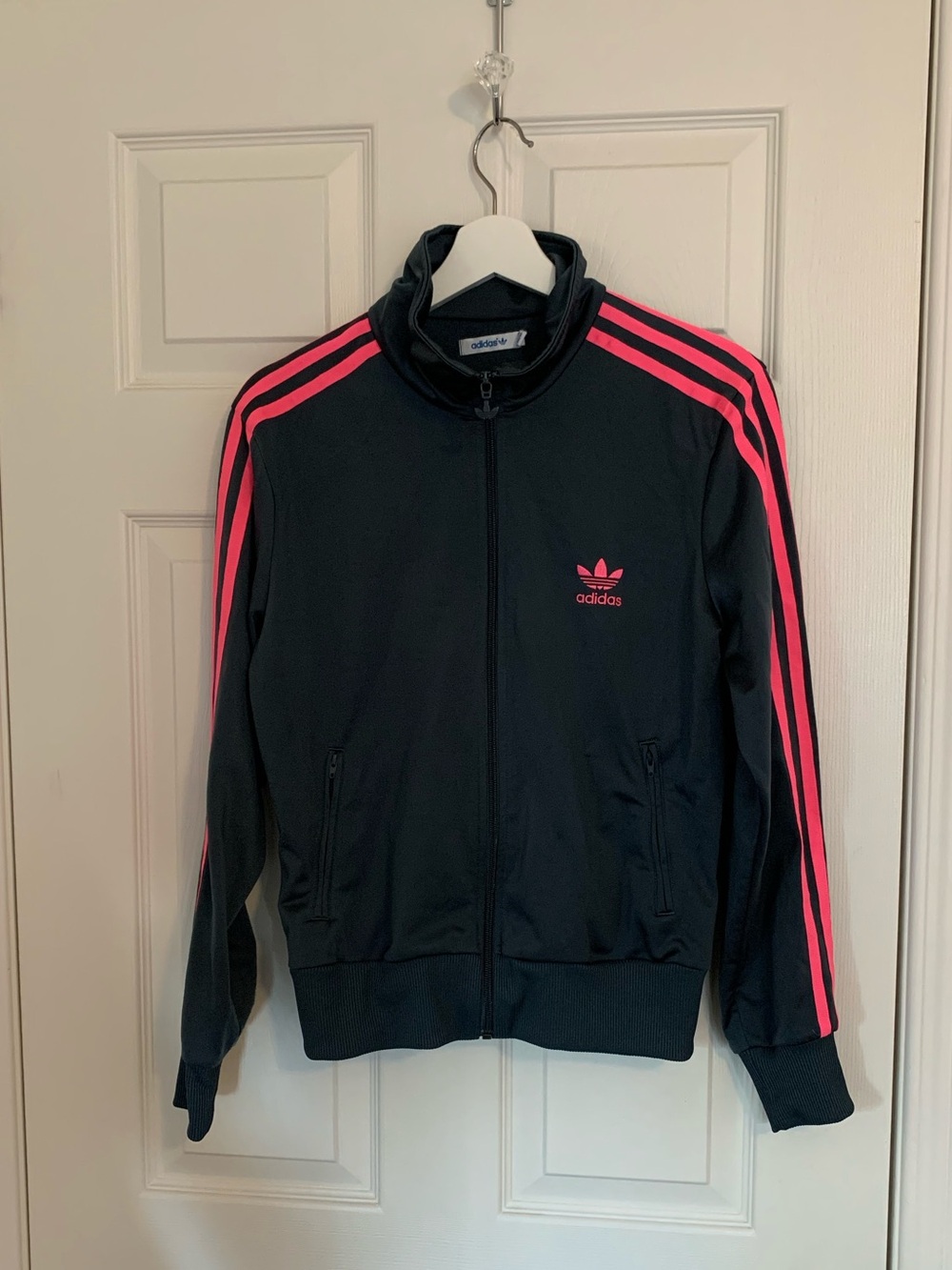 Adidas Women's grey Bomber Jacket with Pink Stripes